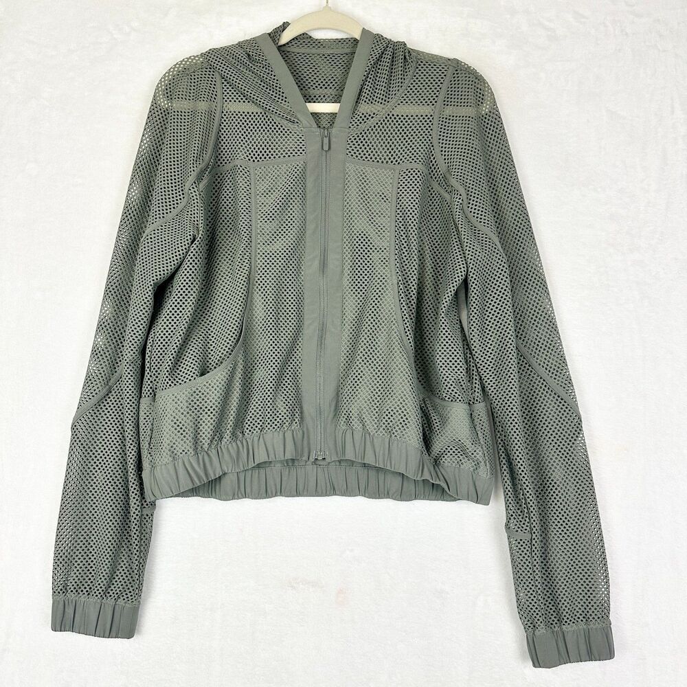 Lululemon Women's Relaxed Fit Mesh Jacket Size 6 Grey Sage Hooded Open Knit